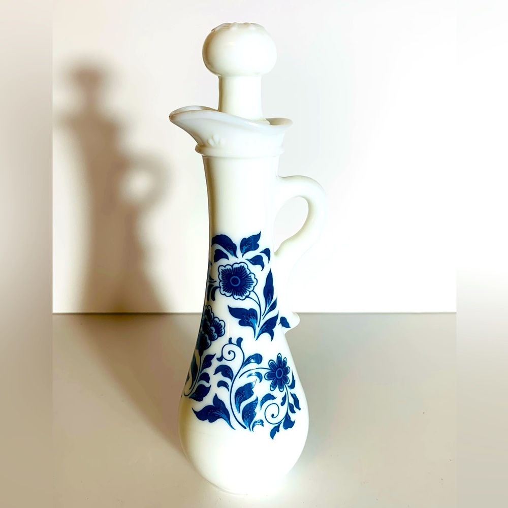 Vintage Avon Delft Blue Milk Glass Pitcher with stopper